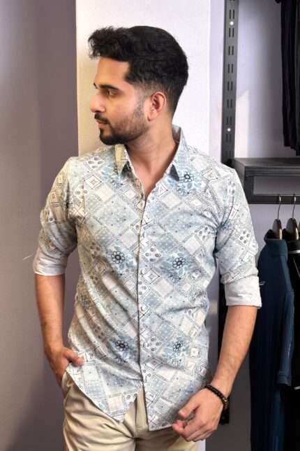 Sea Blue Flower Design Printed Shirt |Floral