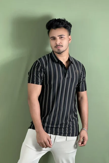 কালো স্ট্রাইপ পোলো টি-শার্ট-Prince