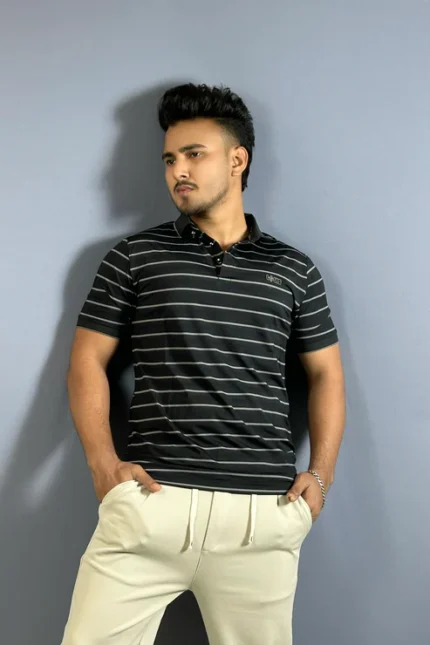 কালো কালার স্ট্রাইপ পোলো টি-শার্ট-Luis