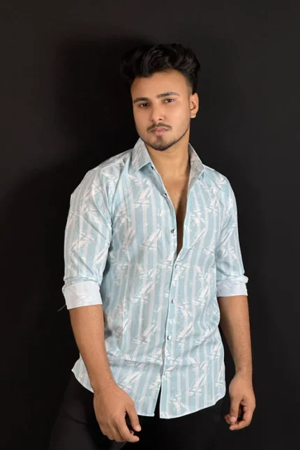 Ice Blue White Printed Shirt-Lstripe